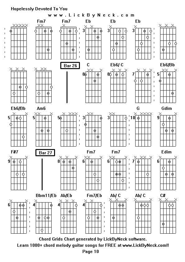 Chord Grids Chart of chord melody fingerstyle guitar song-Hopelessly Devoted To You,generated by LickByNeck software.